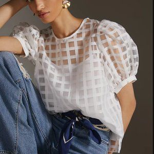 NWT Anthropologie English Factory Windowpane Sheer White Top Size Large